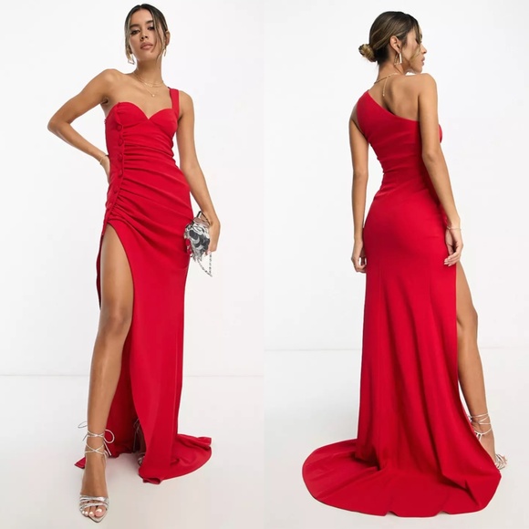 NEW ASOS DESIGN Red ONE SHOULDER Ruched SIDE BUTTON Maxi Dress GOWN US 4 (fit 2) - Picture 1 of 16